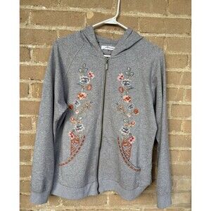 Floriana Hooded Zip up Gray Sweatshirt with Colorful Floral Embroidery - Size M